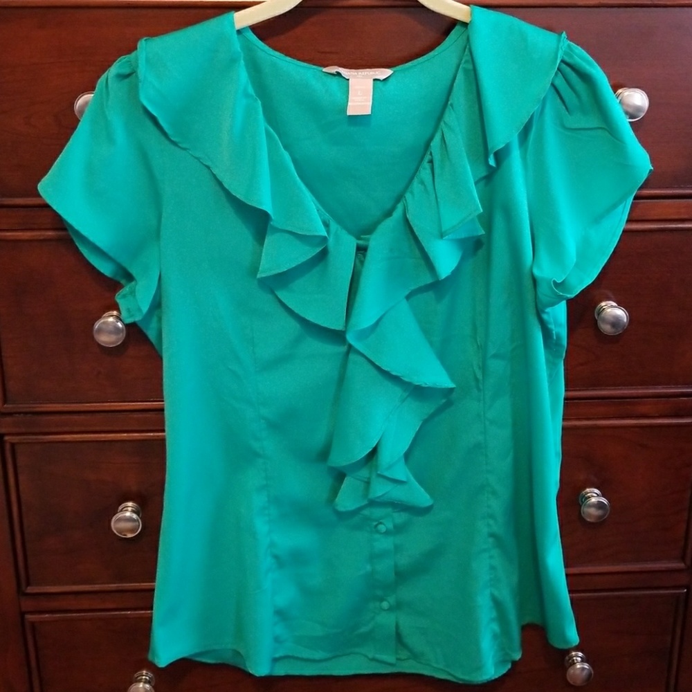 Green button up blouse with ruffle neckline